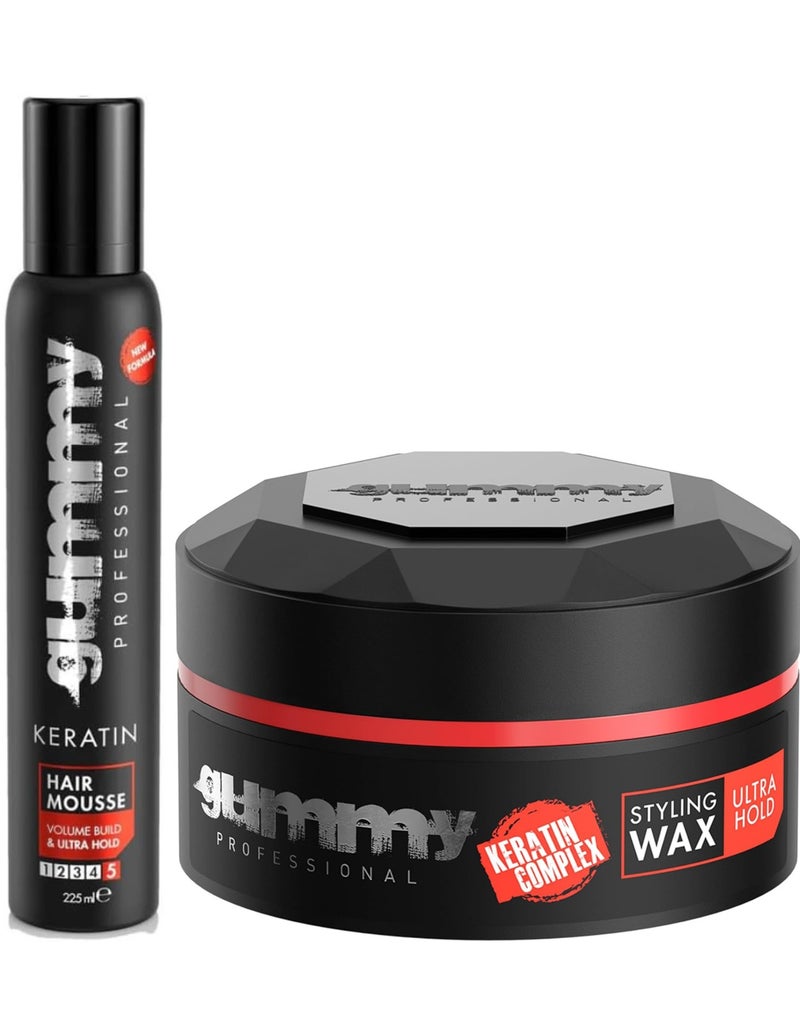 مجموعة تصفيف الشعر بالكيراتين الاحترافية من غامي - موس للشعر ذو تثبيت فائق (225 مل) وشمع تصفيف الشعر بالكيراتين للحصول على أقصى قدر من البنية واللمعان